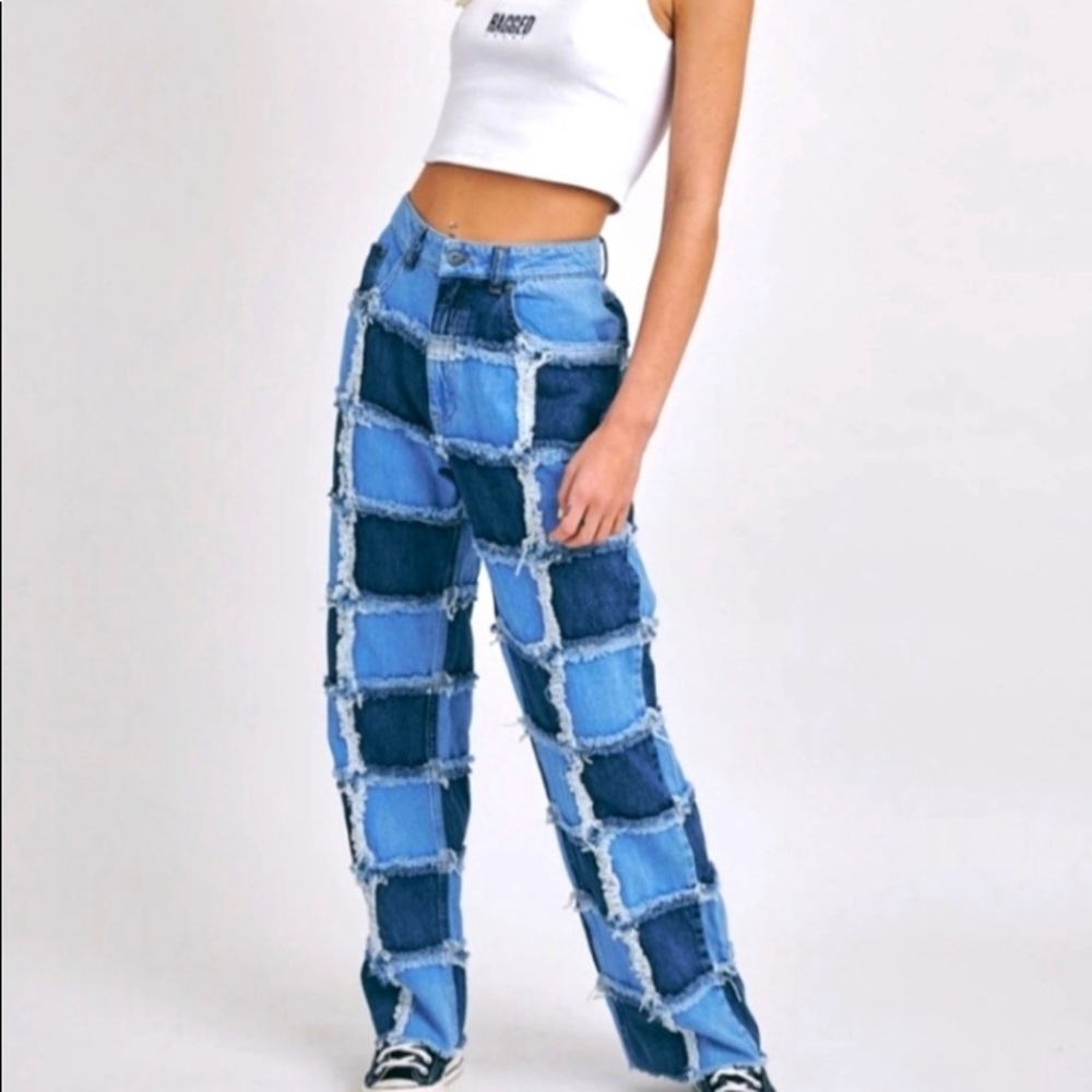 Ragged Patchwork Raw Edge Denim Jeans